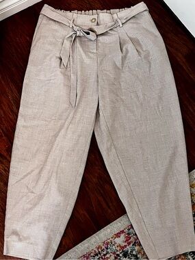 Loose linen rayon blend Loft Tie-Waist Tailored Pants in Beige